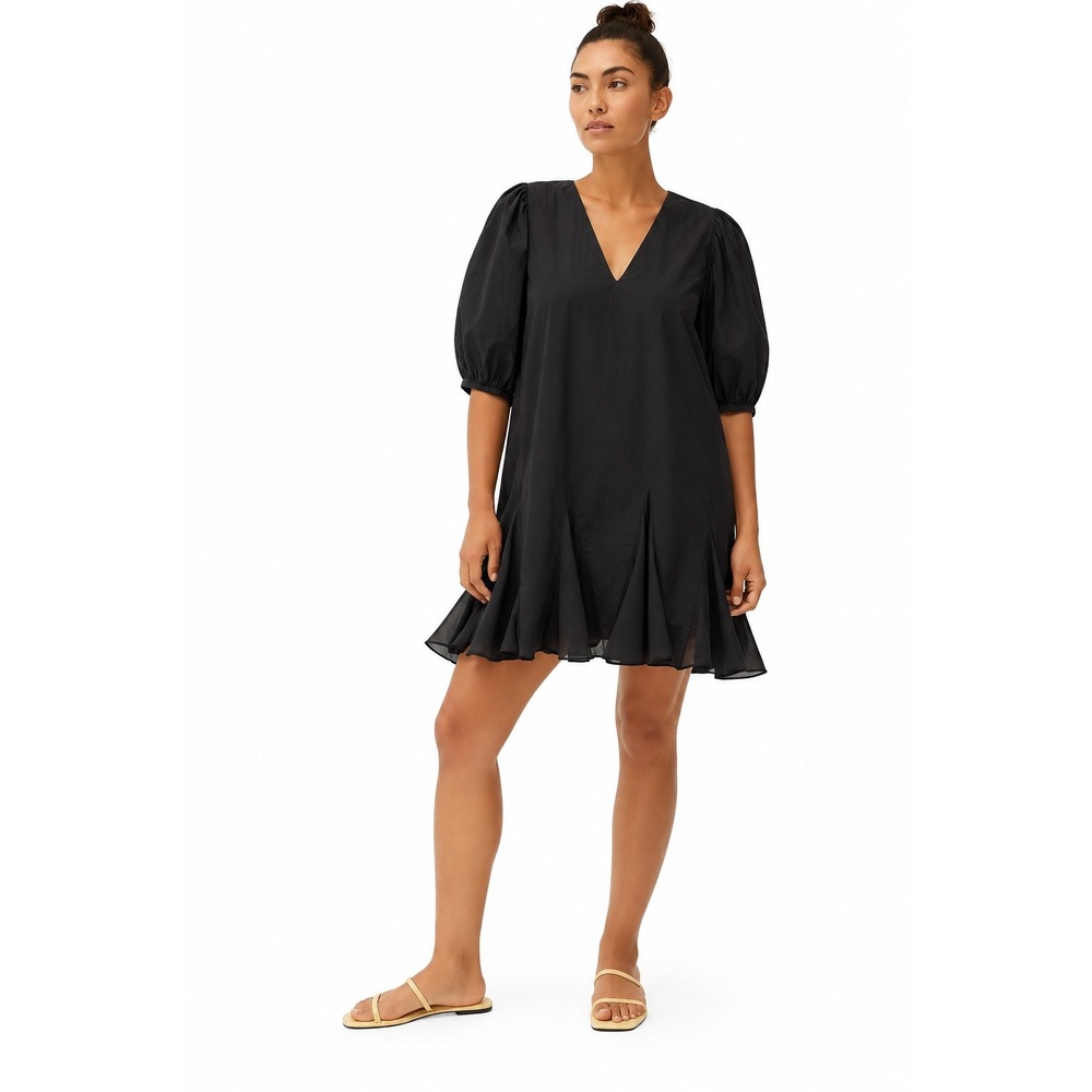 Rhode Saira Mini Dress Black V-Neck Puff Sleeve Pleated Godet Hem Cotton S
